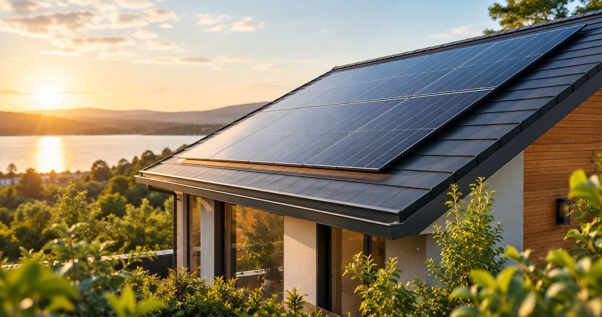 Illustration: a lakeside home at sunset with solar panels on the roof