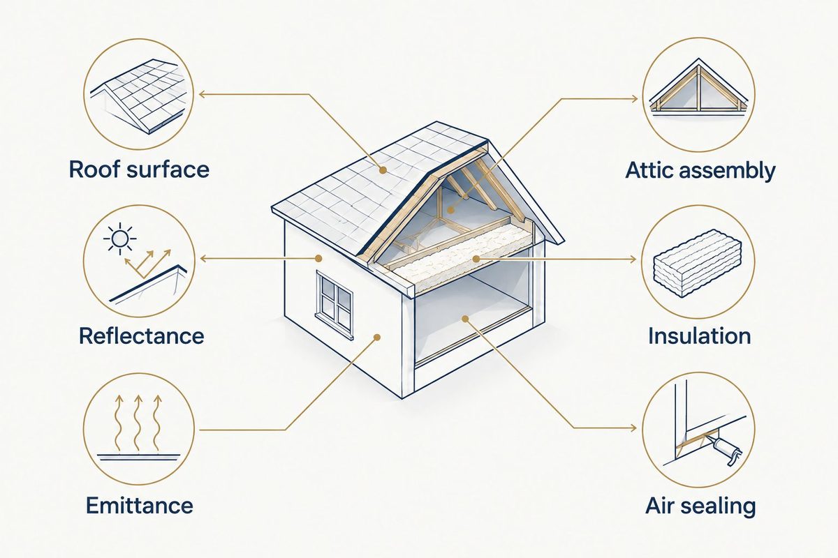 Illustrated diagram separating roof-surface properties (reflectance, emittance) from the attic assembly (insulation, air sealing)