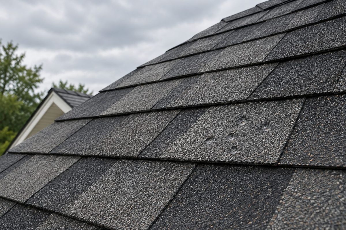 Illustration: close-up of architectural shingles on a roof slope with faint hail impact marks