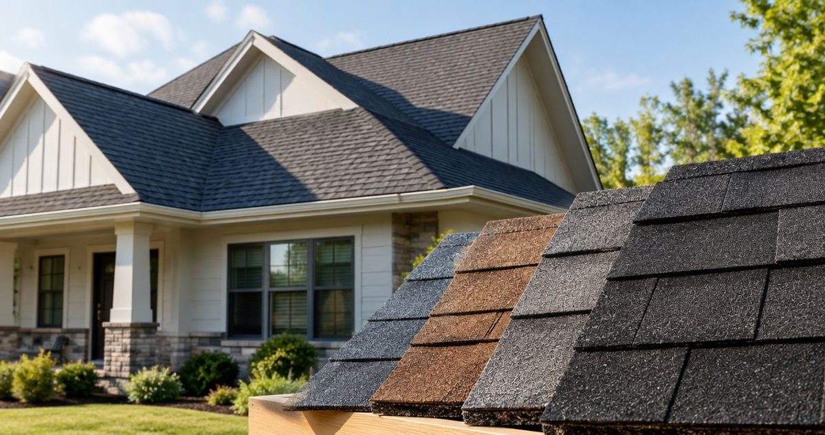 Illustration: three architectural shingle samples in different colors in front of a two-story home