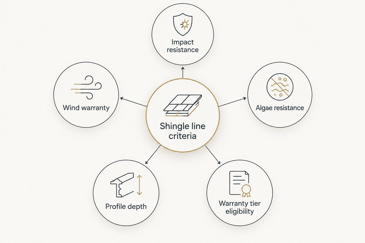 Diagram of criteria used to compare GAF shingle lines: impact resistance, algae resistance, warranty tier eligibility, profile depth, and wind warranty