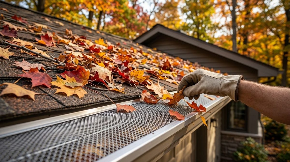 Illustration: a gloved hand clearing autumn leaves off a mesh gutter guard on a shingle roof