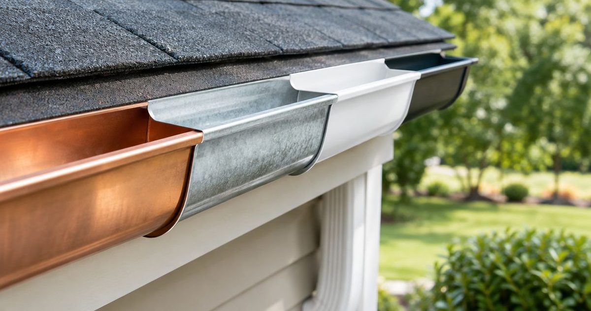 Illustration: copper, galvanized steel, and white aluminum gutter sections side by side under a shingle roof edge