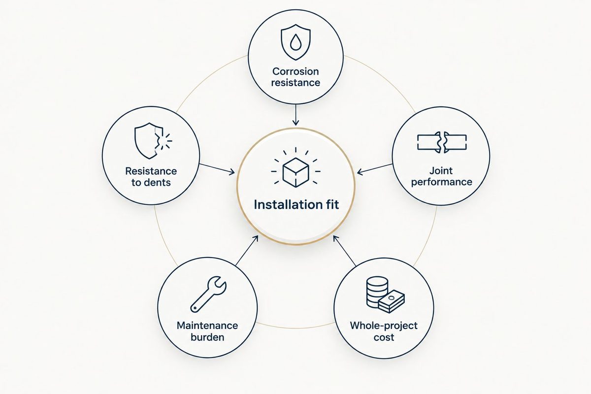 Illustrated diagram linking corrosion resistance, dent resistance, joint performance, maintenance, and whole-project cost to installation fit