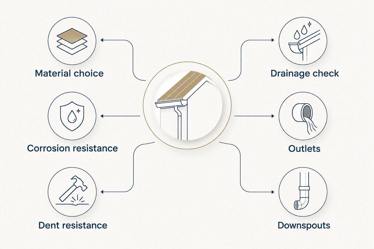 Illustrated two-column diagram separating gutter material choice from drainage checks for outlets and downspouts