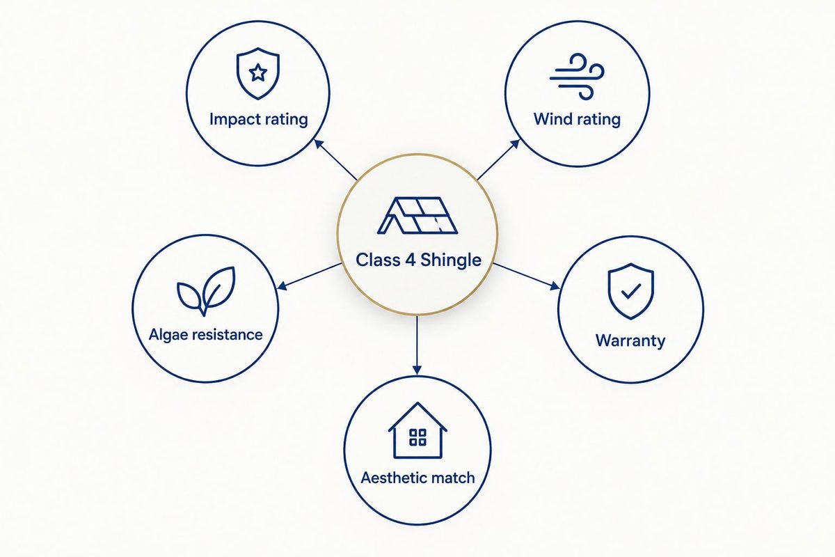 Diagram of five criteria for a Class 4 shingle: impact rating, wind rating, algae resistance, warranty, and aesthetic match