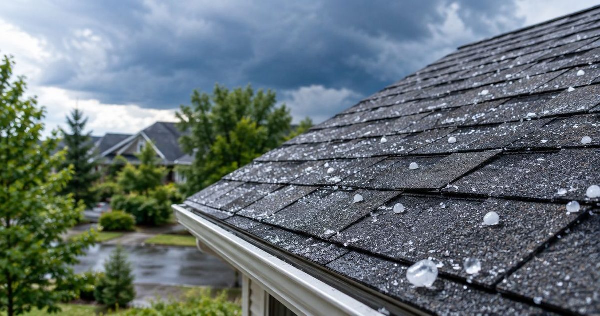 Illustration: hailstones on an architectural shingle roof after a storm
