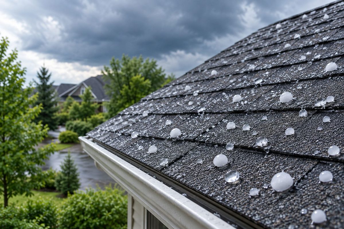 Illustration: hailstones resting on a shingle roof after a storm