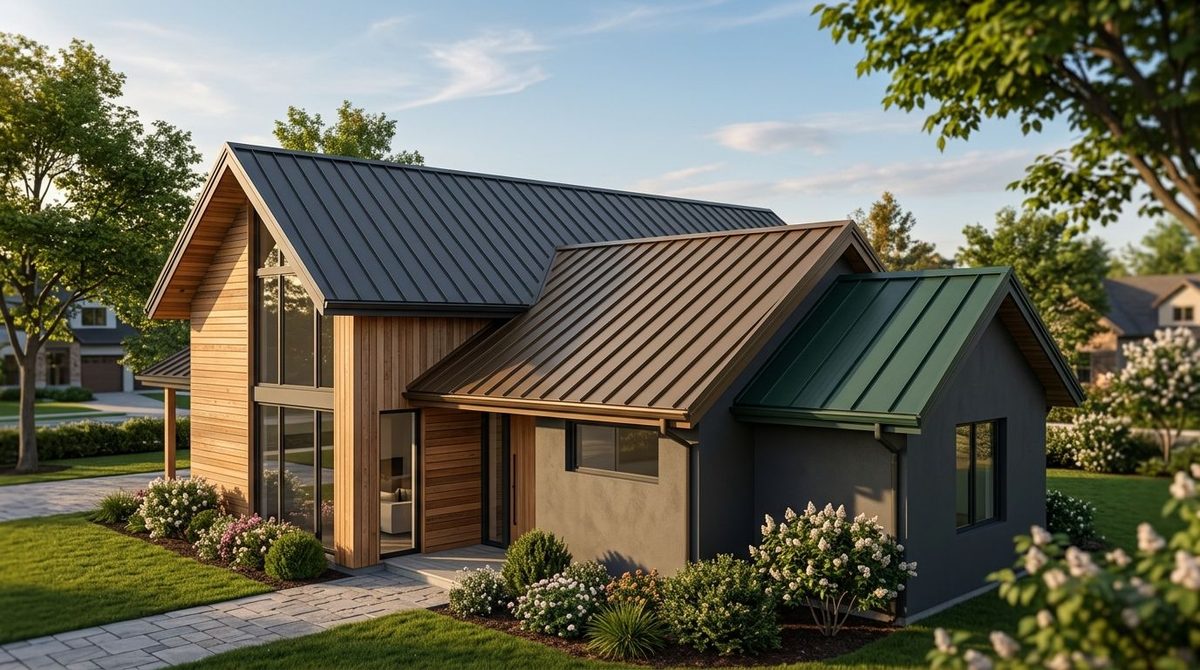 Illustration: a house with charcoal, brown, and green standing seam metal roof sections