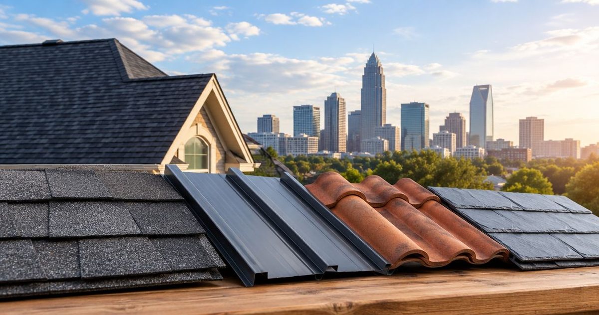 Illustration: samples of asphalt shingle, standing seam metal, clay-look tile, and slate-look roofing with the Charlotte skyline behind