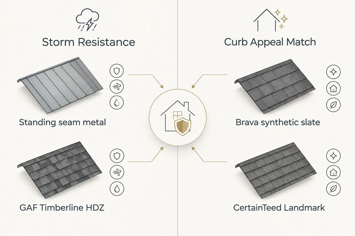 Two-column diagram comparing roofing materials by storm resistance and curb appeal match