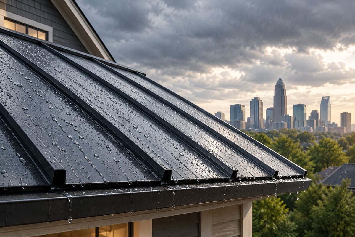 Illustration: standing seam metal roof panels shedding rain during a storm