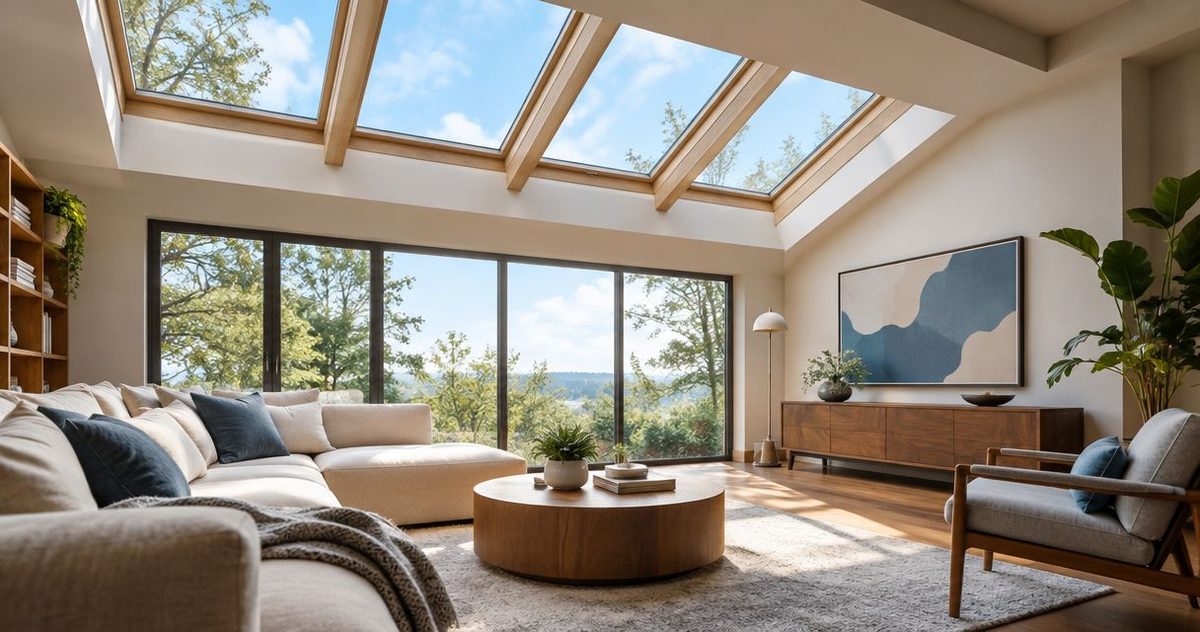 Illustration: a bright living room with a row of skylights in a vaulted ceiling