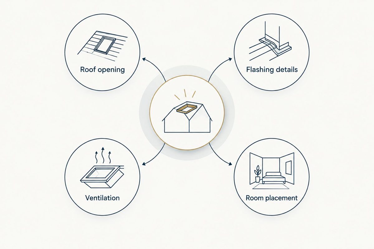 Illustrated diagram of four skylight selection checks: roof opening, flashing details, ventilation, and room placement