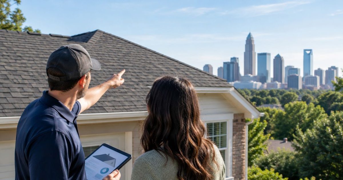 Illustration: a roofer with a tablet and a homeowner looking at a house, with the Charlotte skyline in the distance