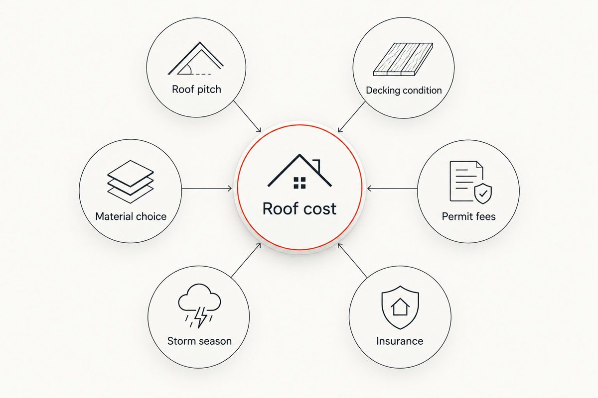 Illustrated diagram of factors that drive roof replacement cost: roof pitch, decking condition, material choice, permit fees, storm season, and insurance