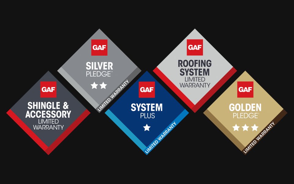 GAF limited warranty badges including Golden Pledge