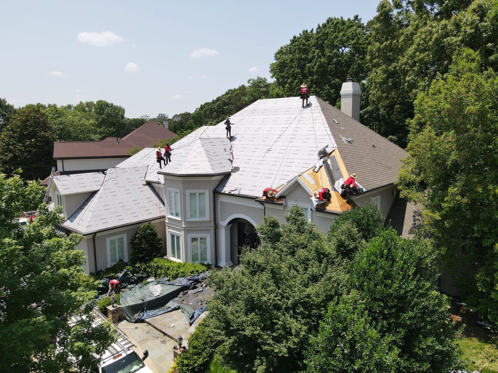 Aerial view of a completed CPR roofing project
